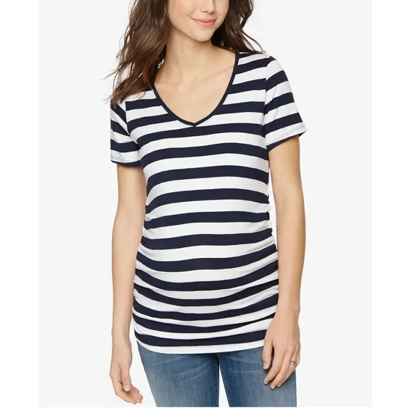A Pea in the Pod Maternity Striped V-Neck Ruched Sides Tee Sz S White Blue - Picture 1 of 8